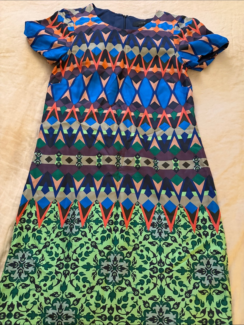 J. Crew Multicolor silk Geometric Shift Dress - Blue, Green, Orange size 0